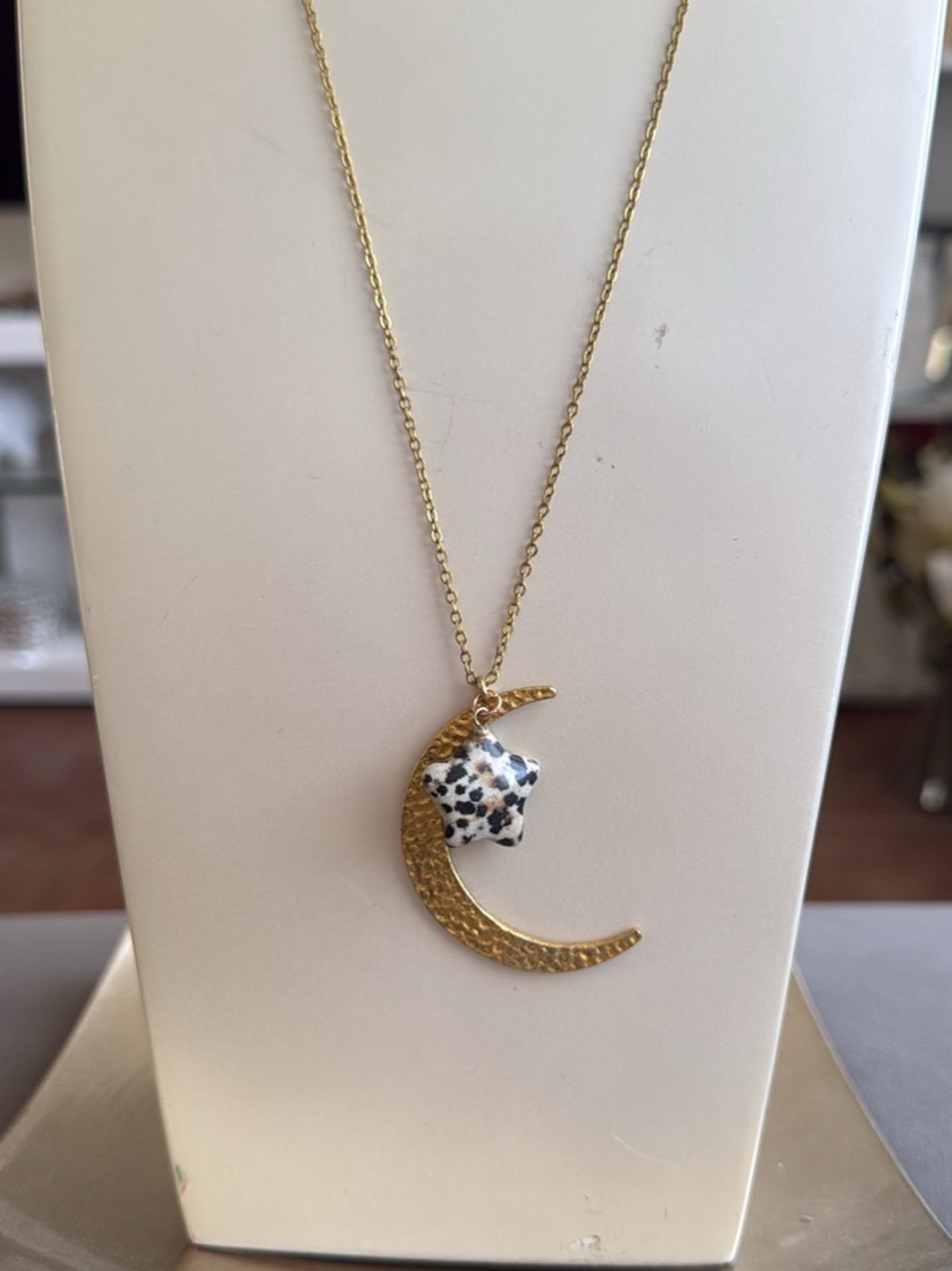 Eclectic Gold Crescent Moon Long  Necklace Dalmatian Jasper Star Charm Boho